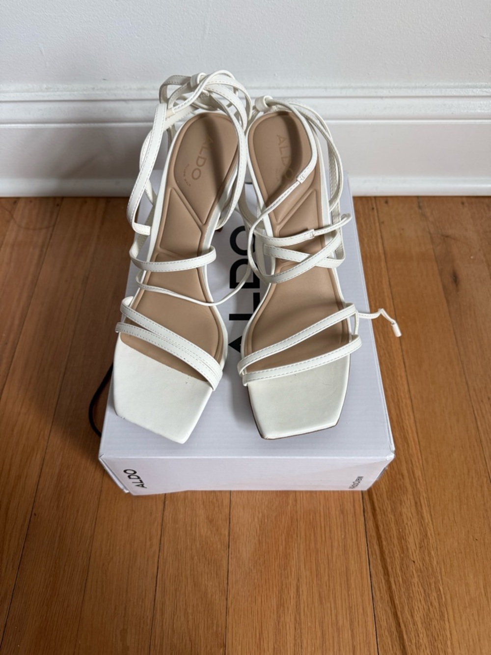 ALDO White Strappy Lace-Up Square-Toe Heels